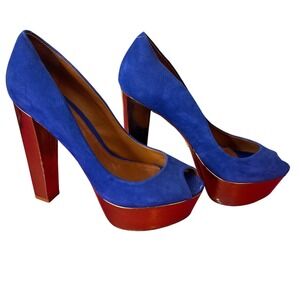 SCHUTZ Women sRoyal Blue Suede Peep Toe Platform Block Heels Size 7